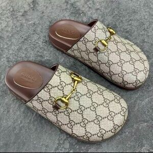 Gucci Beige and Brown Mules with Gold Accent